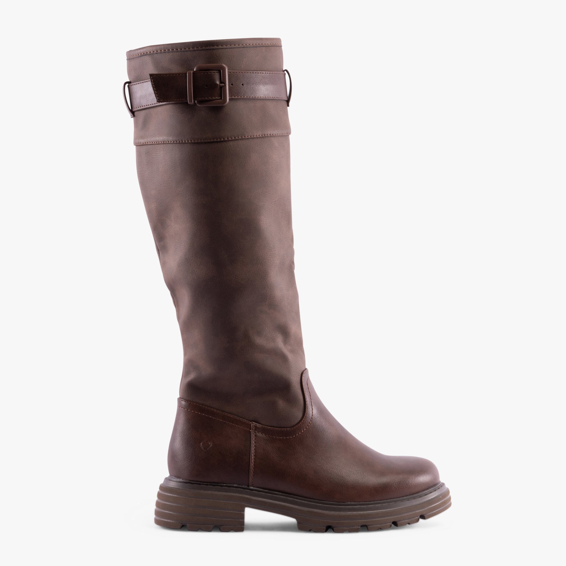 Heavenly Feet BRIANNA Womens Tall Boots Chocolate side view showcasing faux leather and buckle details.