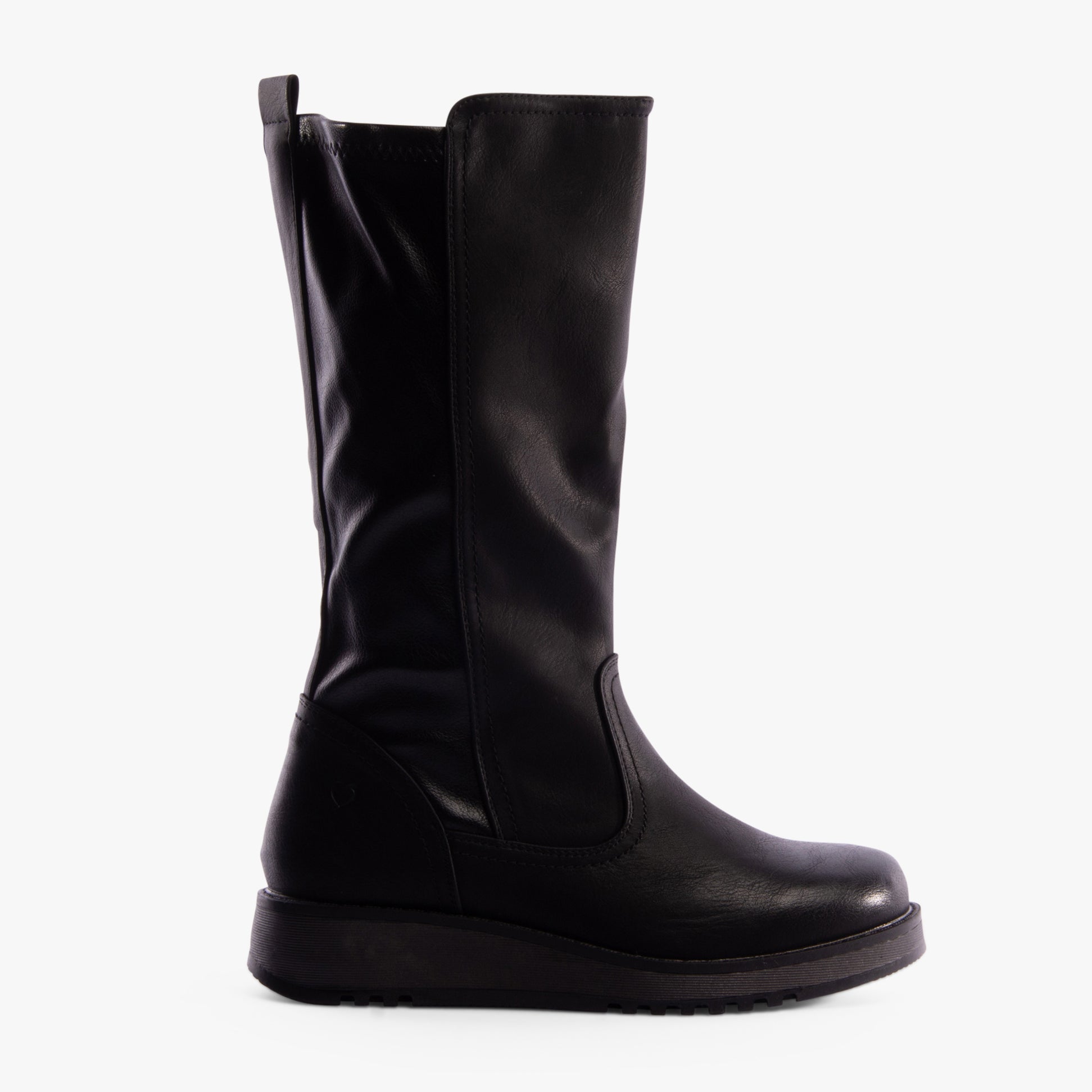 Heavenly Feet LUNA Womens Tall Boots Black side view showcasing faux leather upper and wedge heel.