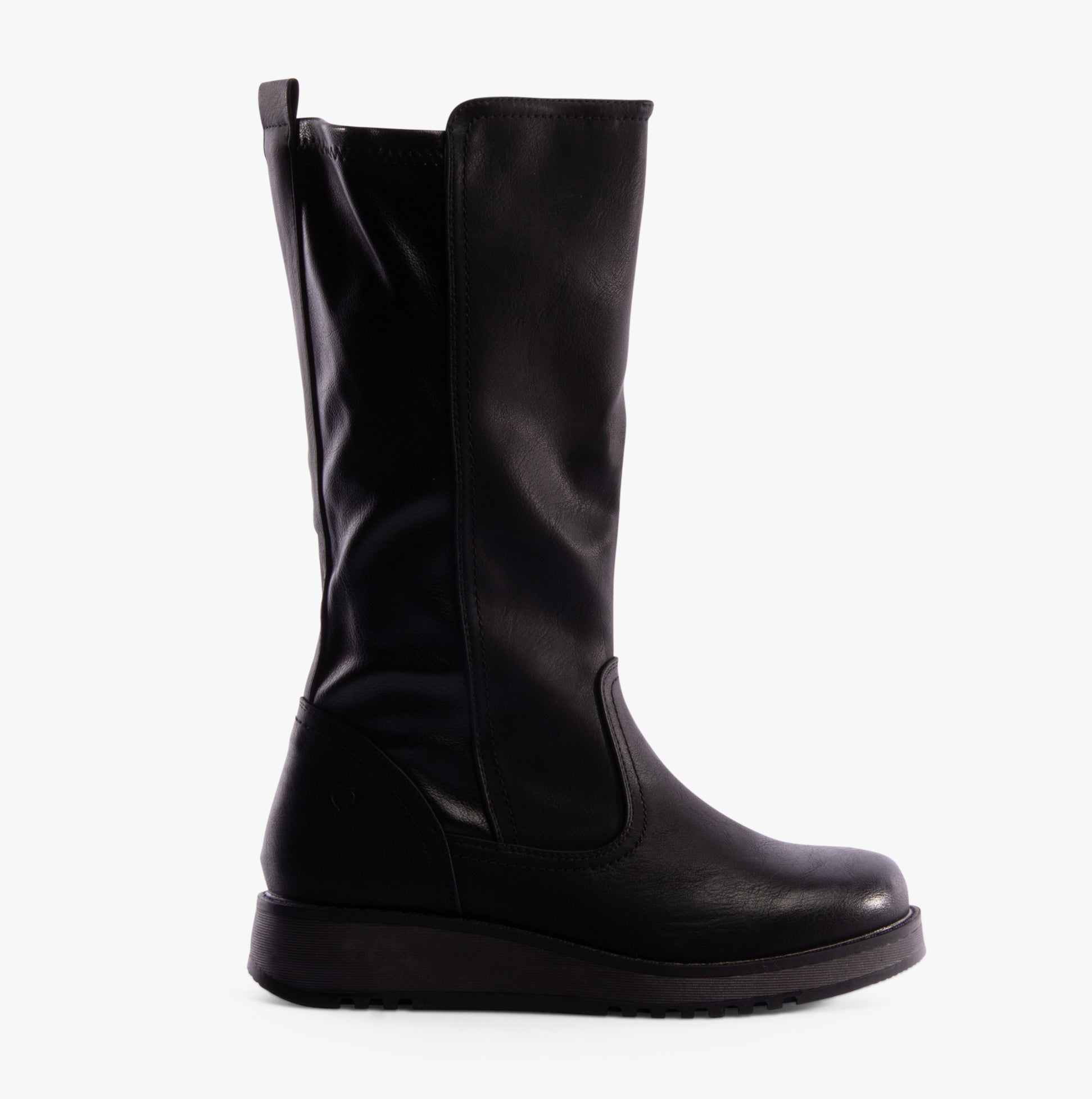 Heavenly Feet LUNA Womens Tall Boots Black side view showcasing faux leather upper and wedge heel.