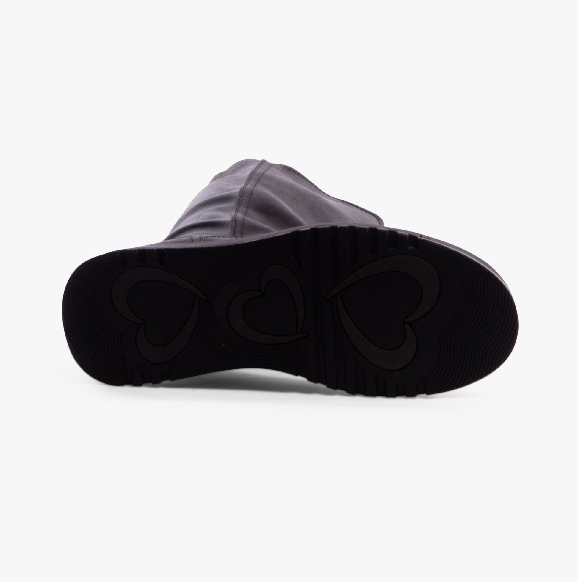 Heavenly Feet LUNA Womens Tall Boots Black sole view showcasing rubber material and heart-patterned tread.