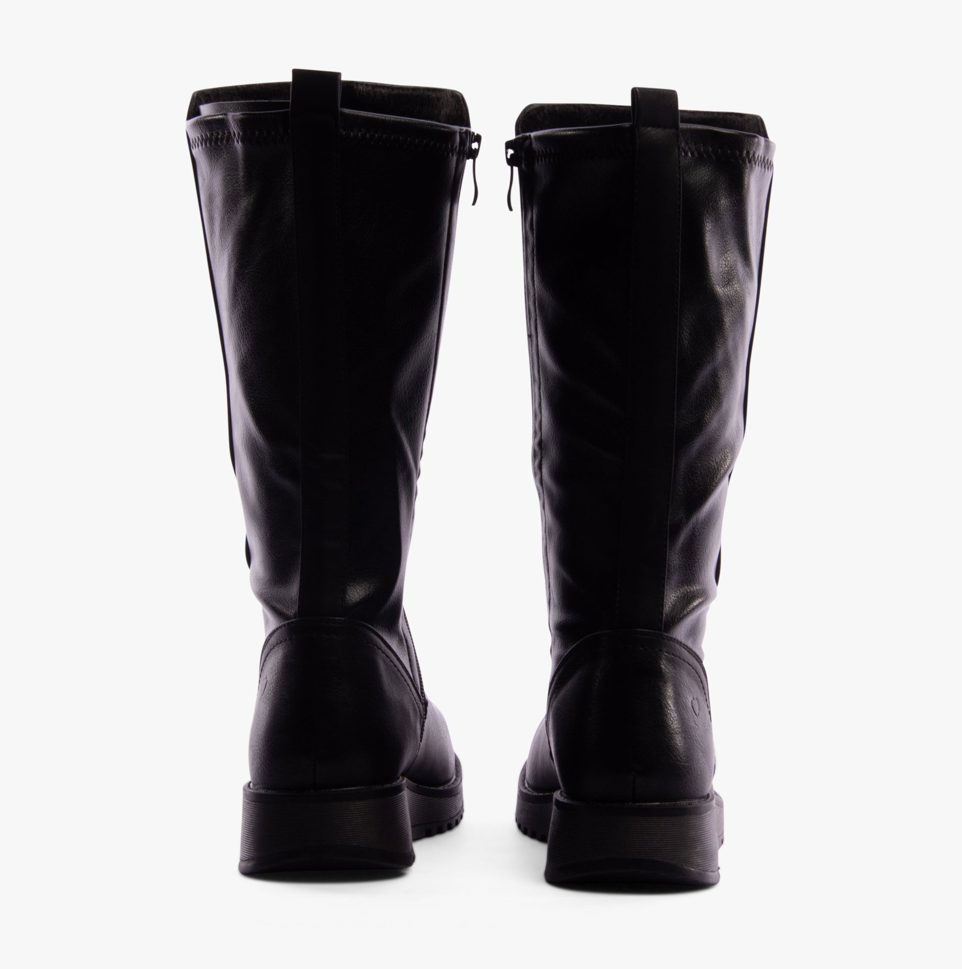 Heavenly Feet LUNA Womens Tall Boots Black rear view showcasing faux leather and wedge heel design.