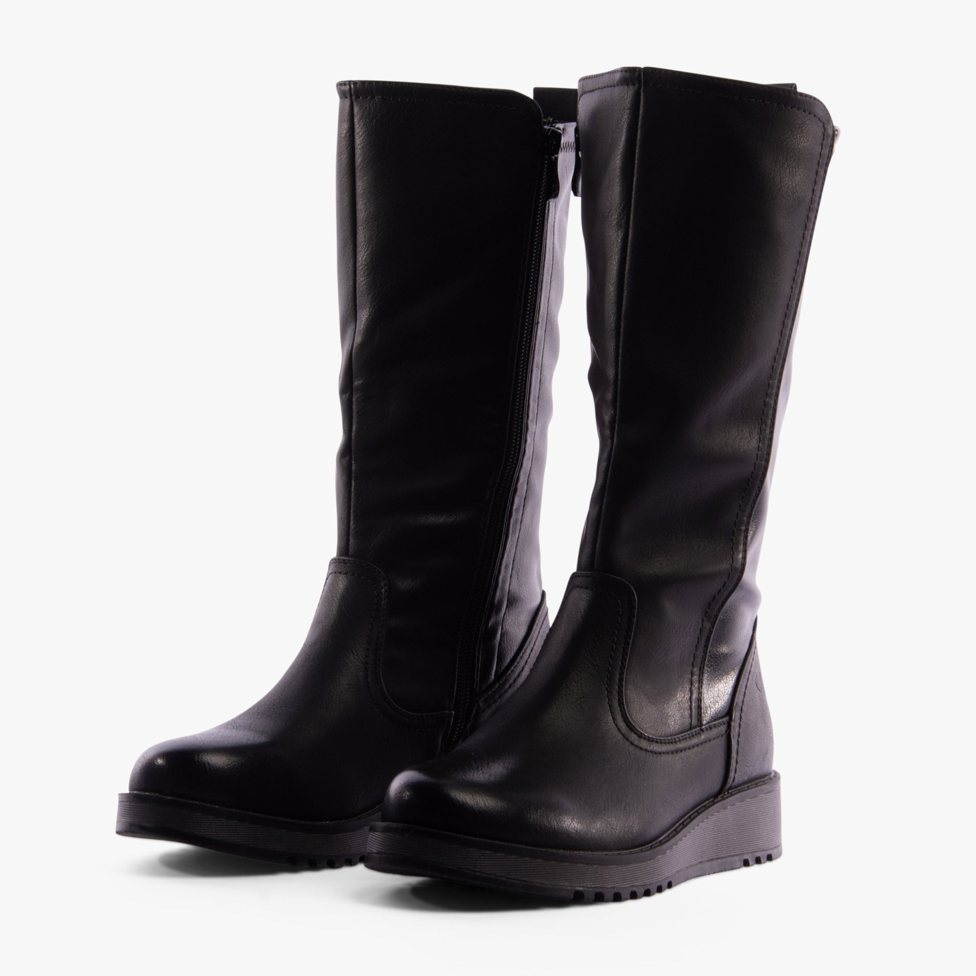 Heavenly Feet LUNA Womens Tall Boots Black side view with wedge heel and faux leather upper.