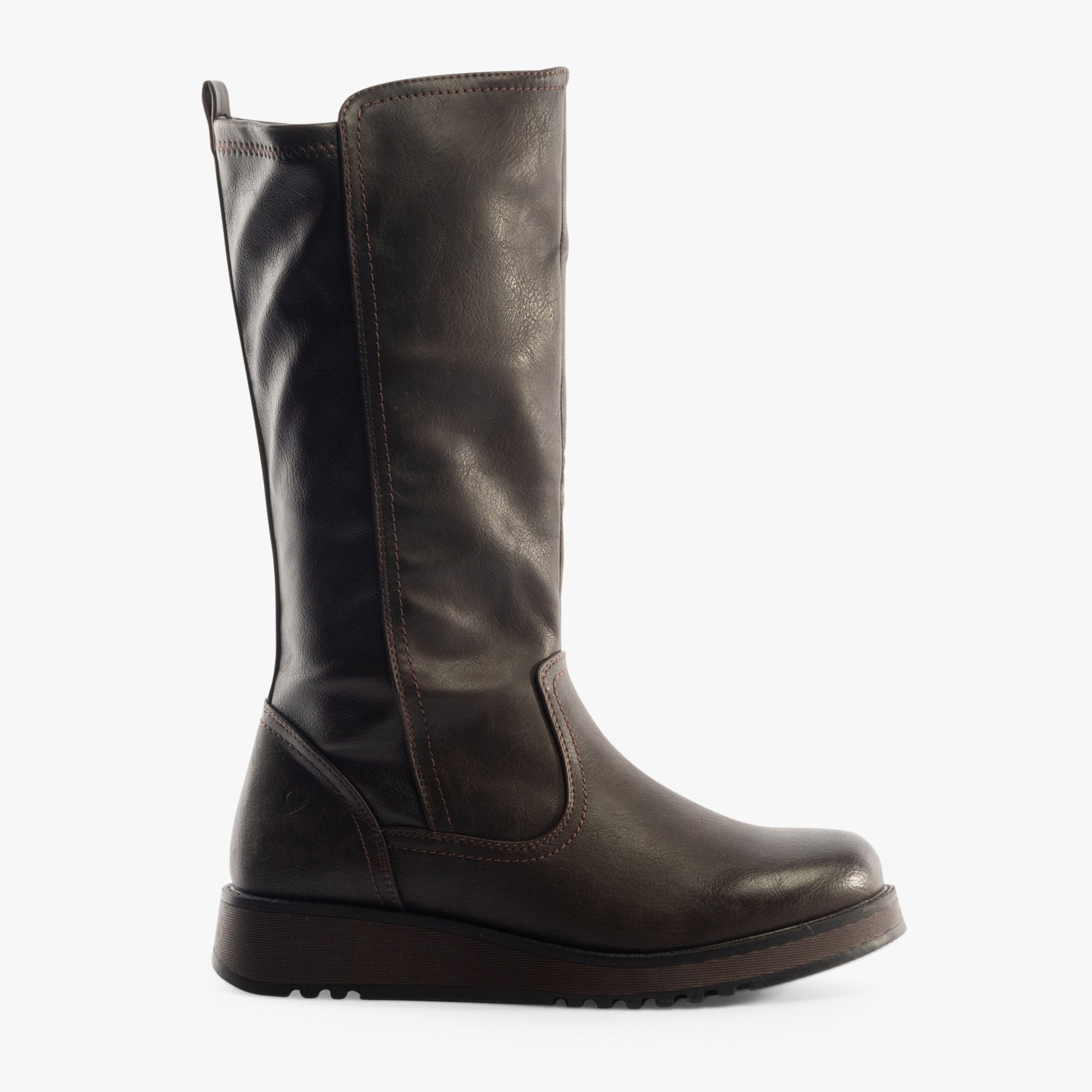 Heavenly Feet LUNA Womens Tall Boots Chocolate side view showcasing faux leather upper and wedge heel.