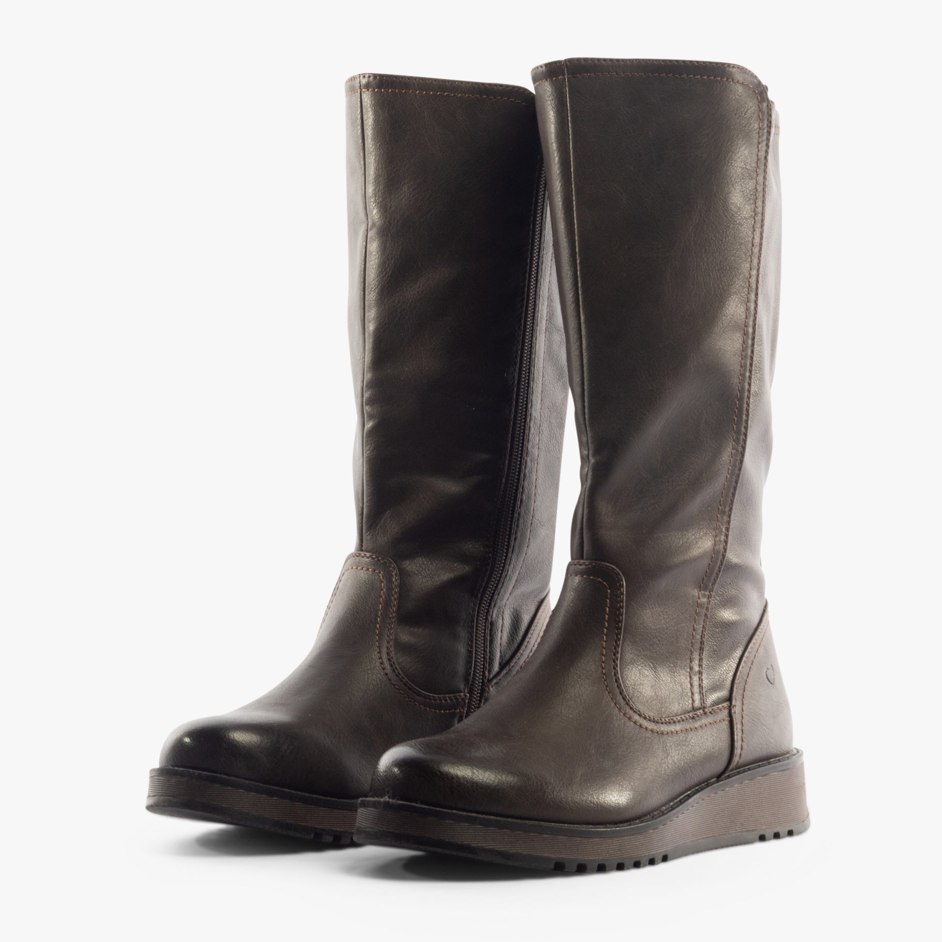 Heavenly Feet LUNA Womens Tall Boots Chocolate side view showcasing faux leather upper and wedge heel design.
