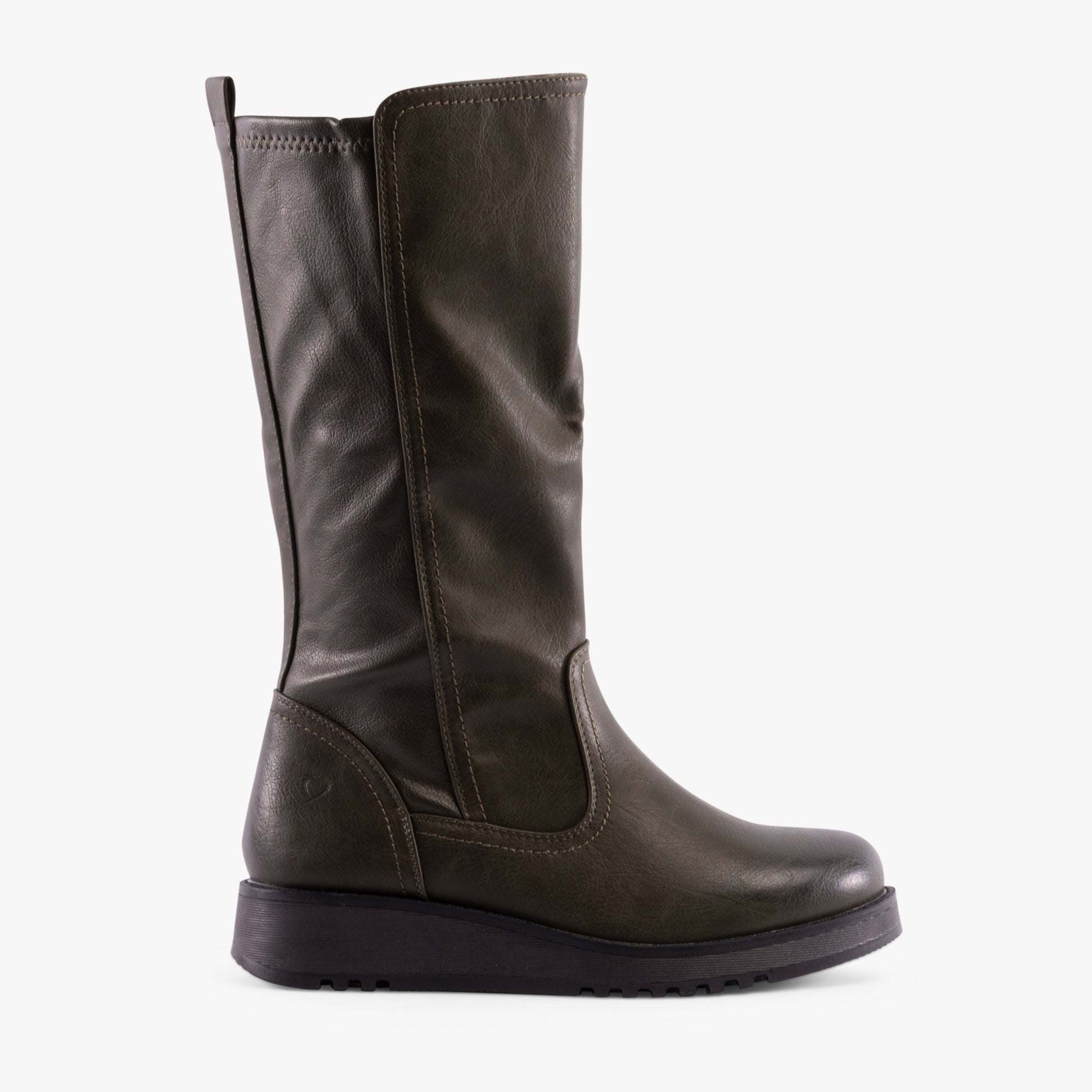 Heavenly Feet LUNA Womens Tall Boots Khaki side view showcasing faux leather upper and wedge heel.