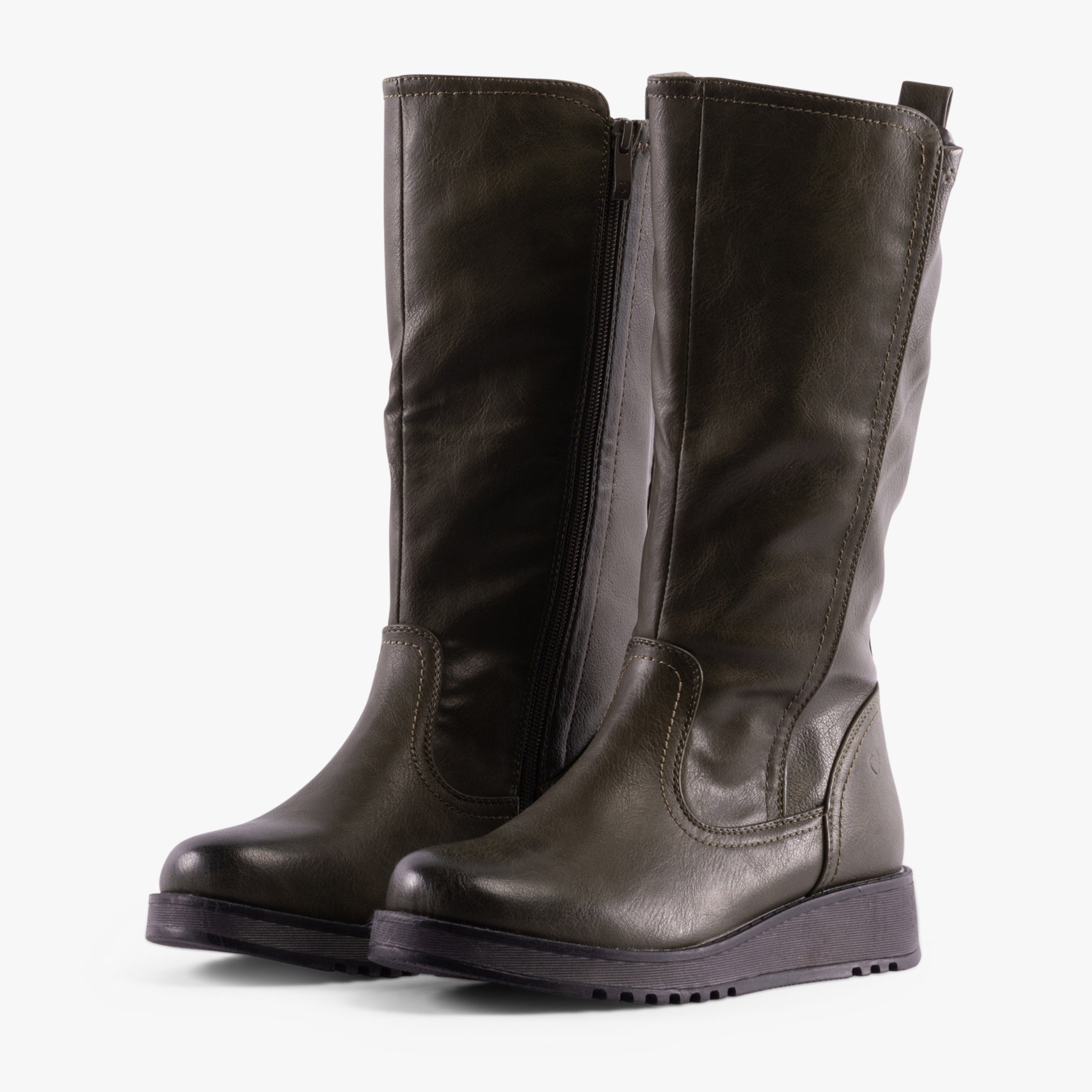 Heavenly Feet LUNA Womens Tall Boots Khaki side view showcasing faux leather, wedge heel, and zip closure.