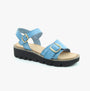 Heavenly Feet TRUDY Womens Sandals Blue side view with buckle closure and wedge heel.