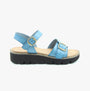 Heavenly Feet TRUDY Womens Sandals Blue side view showcasing adjustable buckles and wedge heel design.