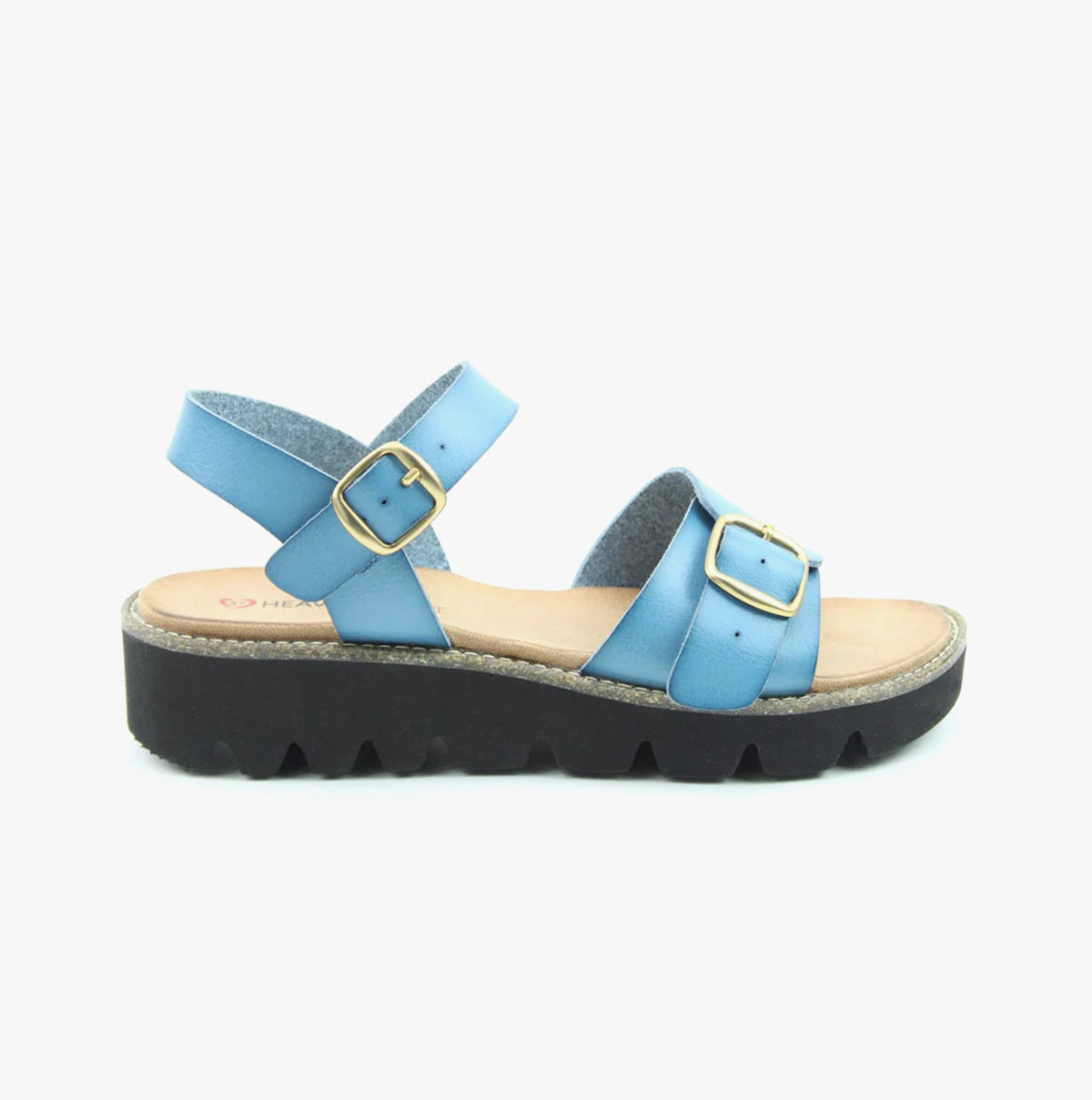 Heavenly Feet TRUDY Womens Sandals Blue side view showcasing adjustable buckles and wedge heel design.