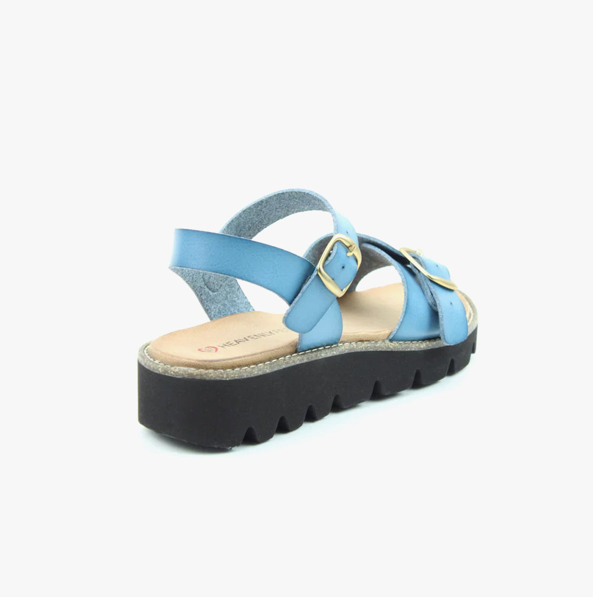 Heavenly Feet TRUDY Womens Sandals Blue rear side view showing wedge heel and buckle detail.