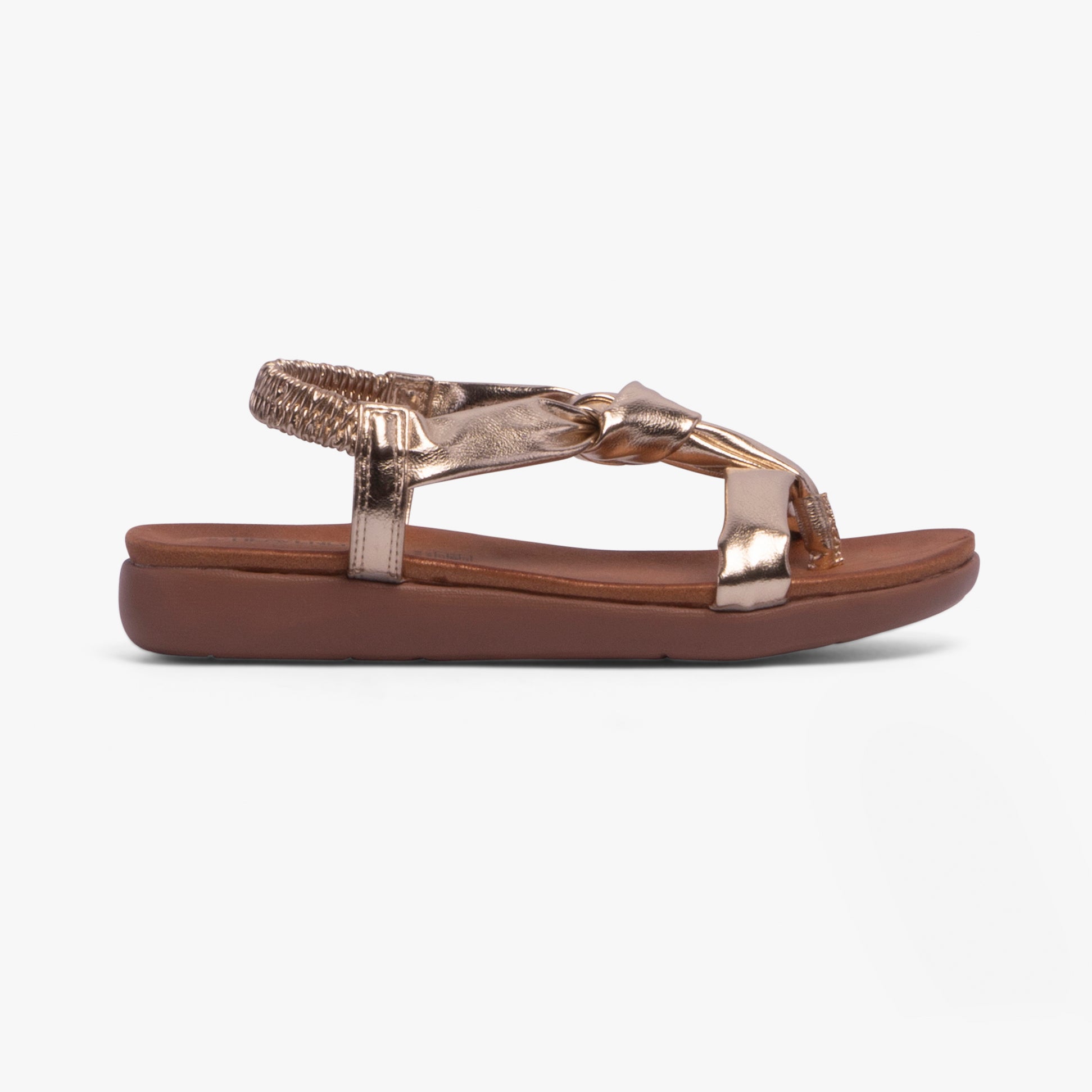 Heavenly Feet BUTTERCUP Womens Sandals Gold side view showcasing synthetic upper and low heel design.