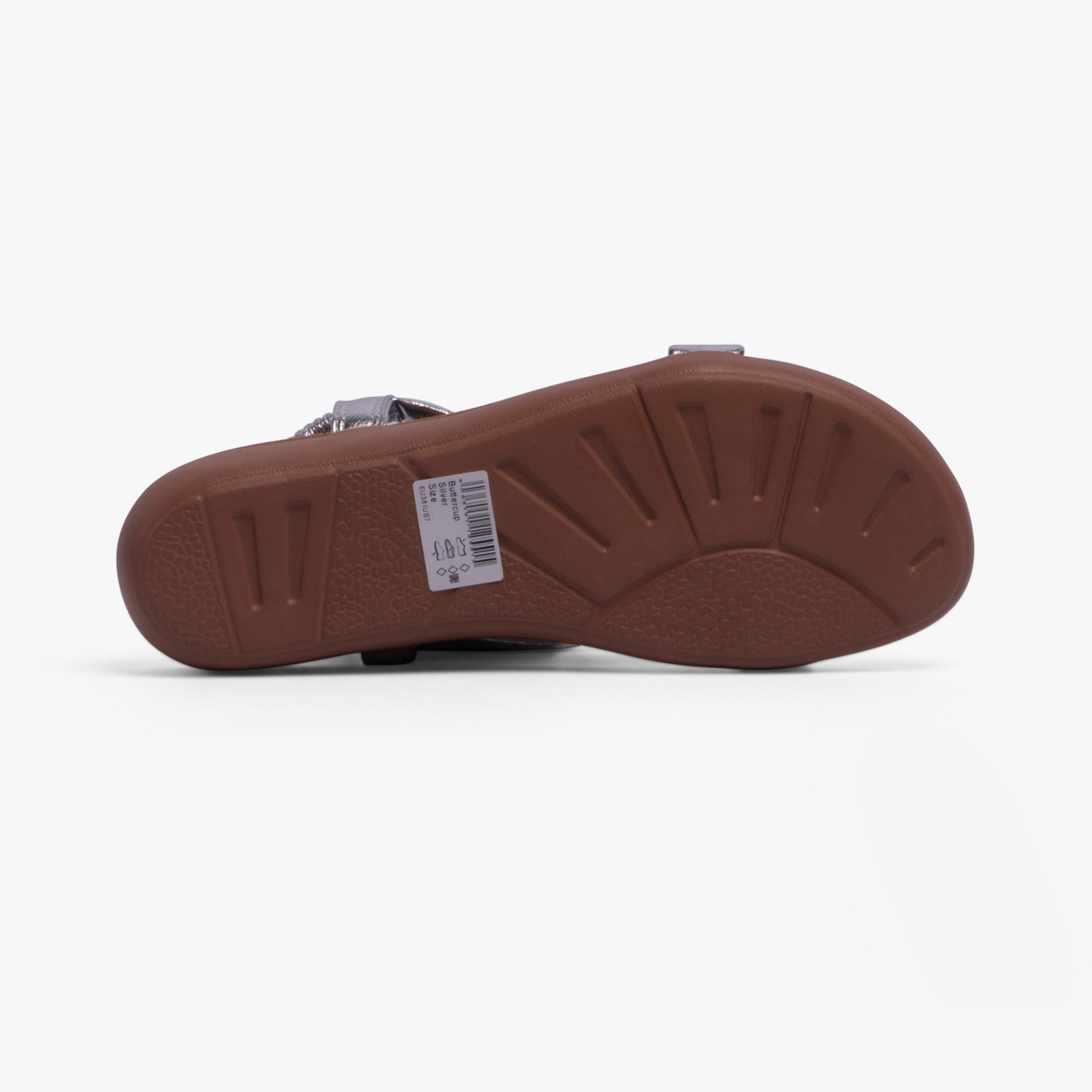 Heavenly Feet BUTTERCUP Womens Sandals Silver bottom view showing rubber sole detail.
