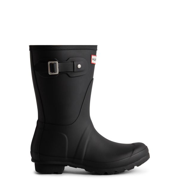 Hunter ORIGINAL SHORT TARTAN Wellies Black side view showing rubber upper and buckle detail.