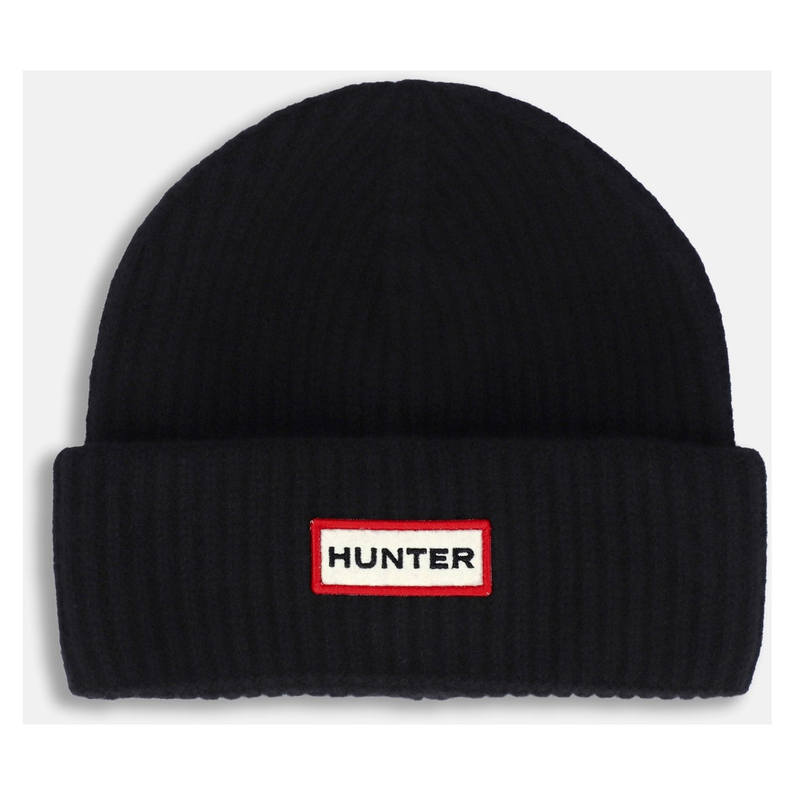Hunter FACHFIN BEANIE Black front view, knitted wool beanie featuring HUNTER logo in red.