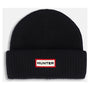 Hunter FACHFIN BEANIE Black front view, knitted wool beanie featuring HUNTER logo in red.