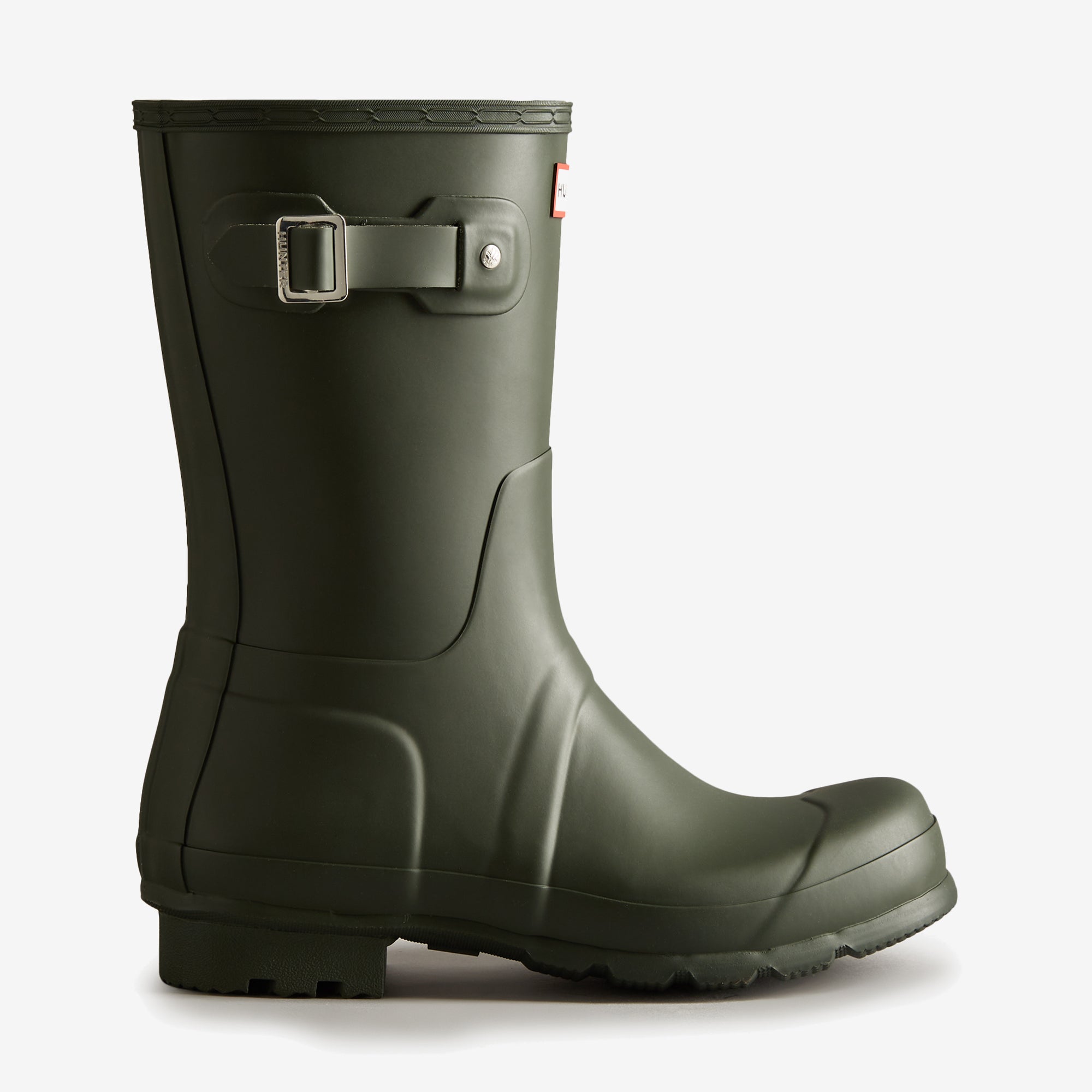 Hunter ORIGINAL SHORT Mens Wellies Dark Olive side view of rubber boots with buckle detail