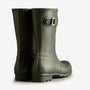 Hunter ORIGINAL SHORT Mens Wellies Dark Olive back view showing rubber construction and buckle detail.