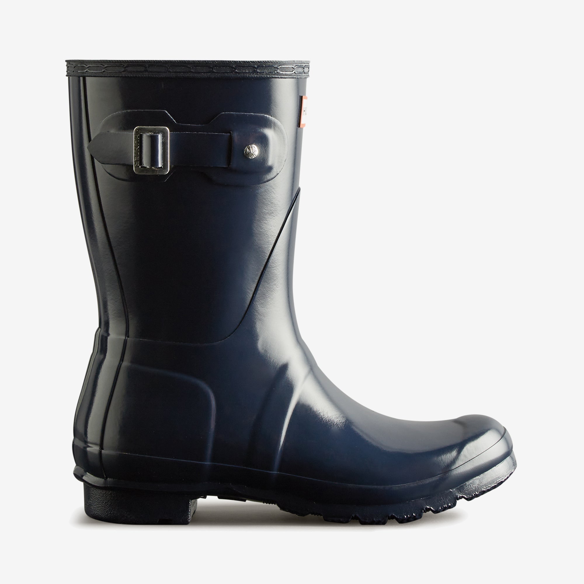 Hunter ORIGINAL SHORT Womens Wellies Navy Gloss side view showing pull-on style and block heel.