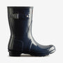 Hunter ORIGINAL SHORT Womens Wellies Navy Gloss side view showing pull-on style and block heel.