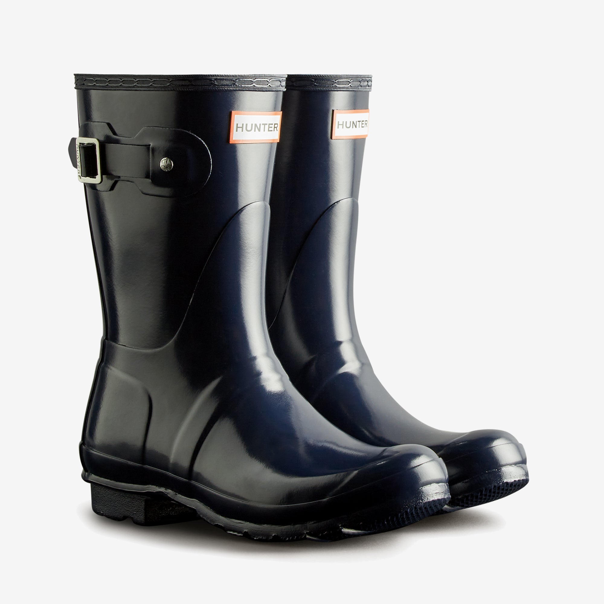 Hunter ORIGINAL SHORT Womens Wellies Navy Gloss side view showing rubber material and buckle detail, perfect for rainy days.