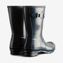Hunter ORIGINAL SHORT Womens Wellies Navy Gloss back view with buckle detail, showcasing glossy rubber finish.