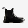 Hunter CHELSEA COMMANDO Womens Wellies Black Gloss side view of rubber ankle boot with pull-on design.
