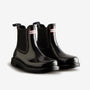 Hunter CHELSEA COMMANDO Womens Wellies Black Gloss front view showcasing stylish rubber pull-on ankle boots.