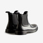 Hunter CHELSEA COMMANDO Womens Wellies Black Gloss back view showing sleek design and elastic side panels.