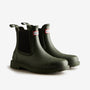Hunter CHELSEA COMMANDO Womens Wellies Dark Olive side view of ankle boots with pull-on design and rubber material.