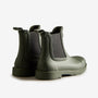 Hunter CHELSEA COMMANDO Womens Wellies Dark Olive back view showing rubber upper and pull-on design.