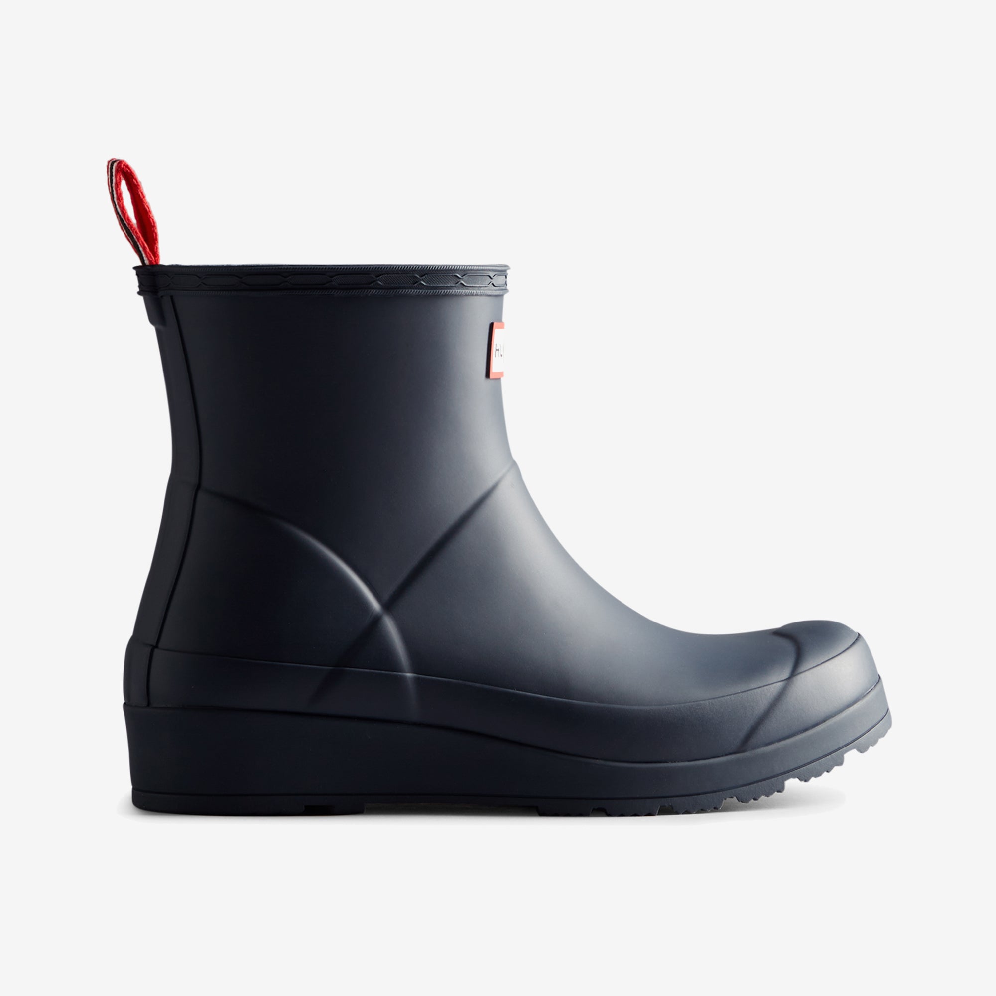 Hunter PLAY SHORT Womens Wellies Valtameri Blue side view featuring rubber upper and wedge heel.