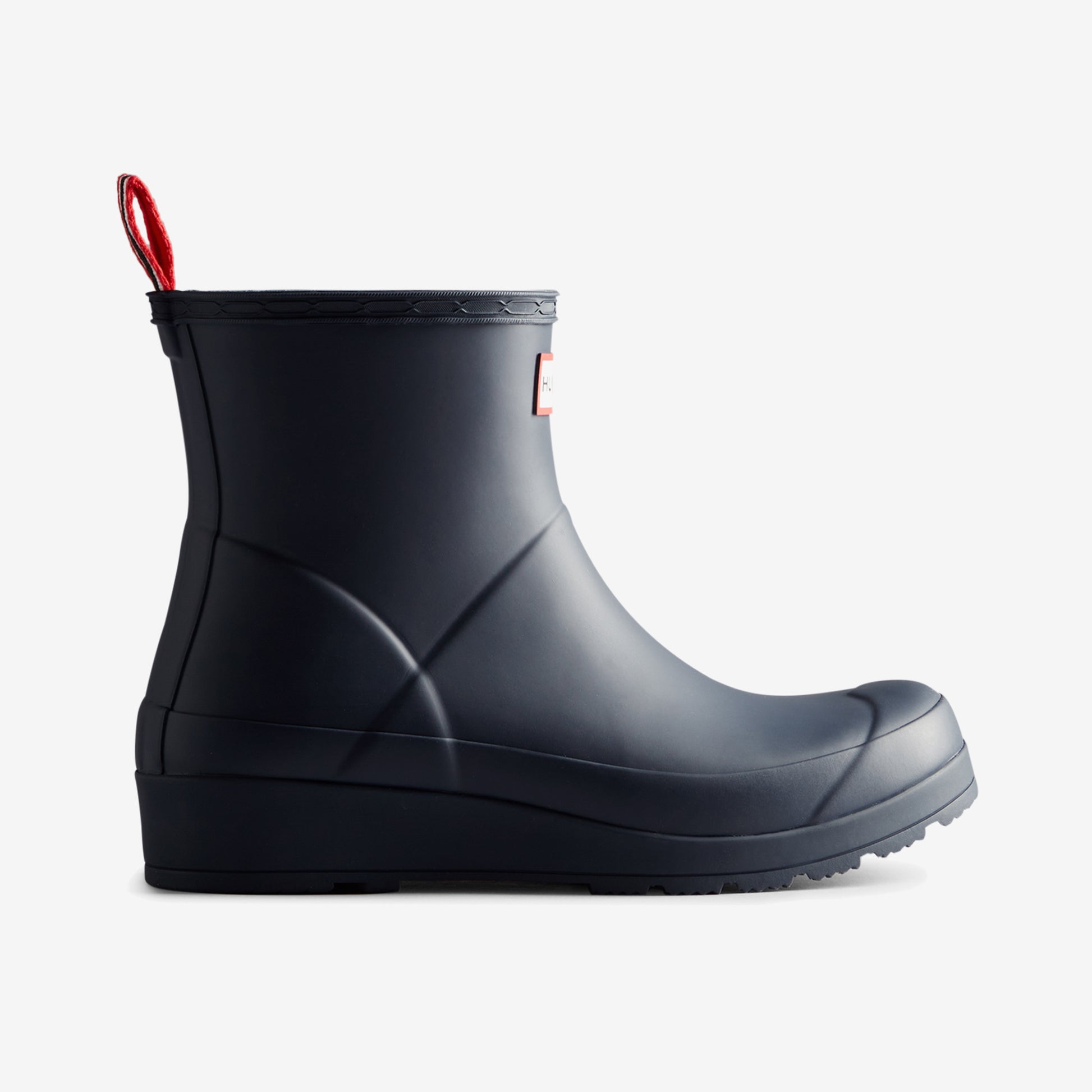 Hunter PLAY SHORT Womens Wellies Valtameri Blue side view featuring rubber upper and wedge heel.