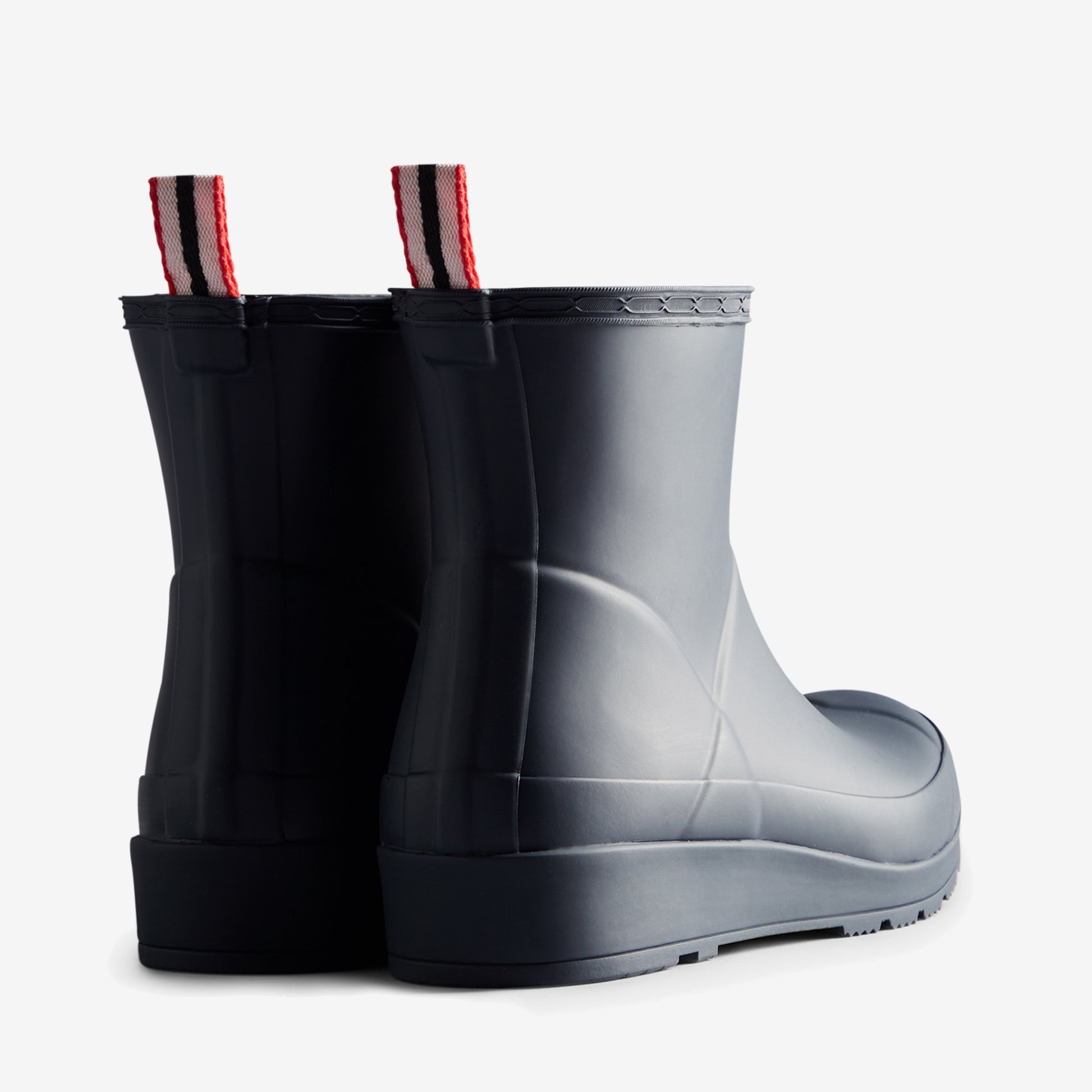 Hunter PLAY SHORT Womens Wellies Valtameri Blue back view, showcasing rubber upper and pull tab design.