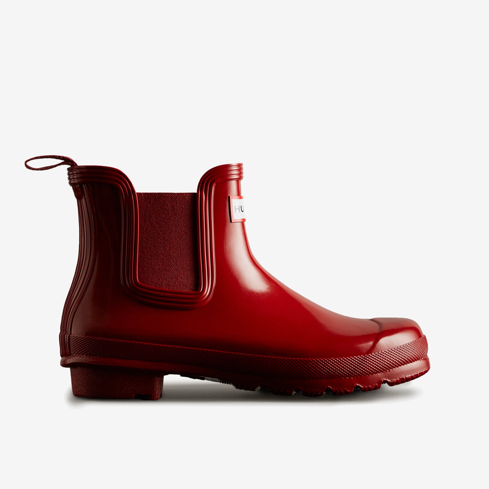 Hunter ORIGINAL CHELSEA Womens Wellies Military Red Gloss side view showcasing the glossy rubber ankle boot.