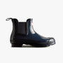 Hunter ORIGINAL CHELSEA Womens Wellies Navy Gloss side view showing the rubber ankle boot with pull-on design.