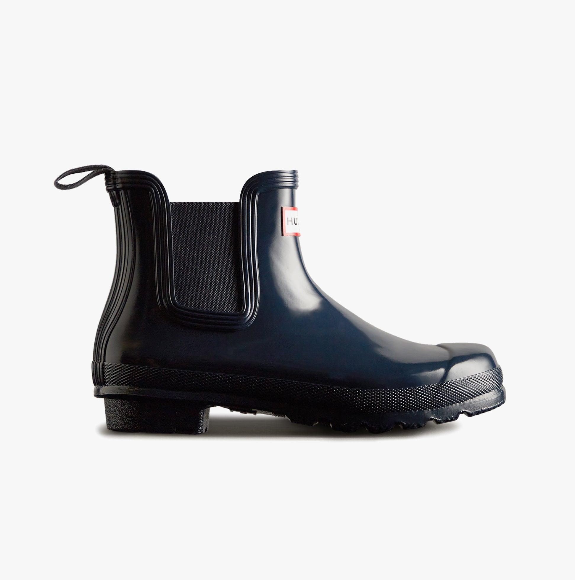 Hunter ORIGINAL CHELSEA Womens Wellies Navy Gloss side view showing the rubber ankle boot with pull-on design.