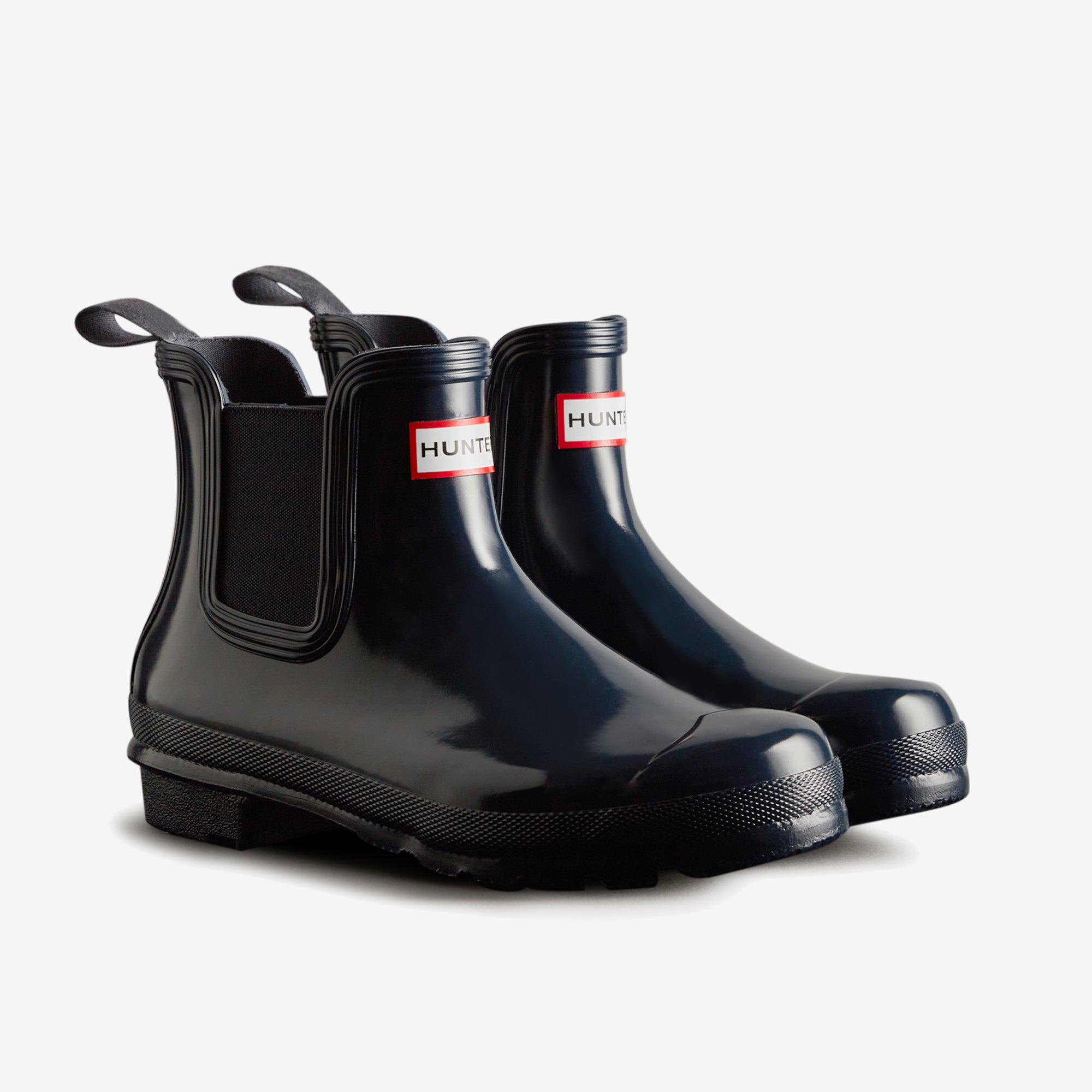 Hunter ORIGINAL CHELSEA Womens Wellies Navy Gloss side view, waterproof rubber ankle boots with round toe.