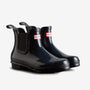 Hunter ORIGINAL CHELSEA Womens Wellies Navy Gloss side view, waterproof rubber ankle boots with round toe.