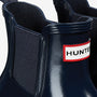 Hunter ORIGINAL CHELSEA Womens Wellies Navy Gloss close-up detail view showing rubber upper and elastic gusset.