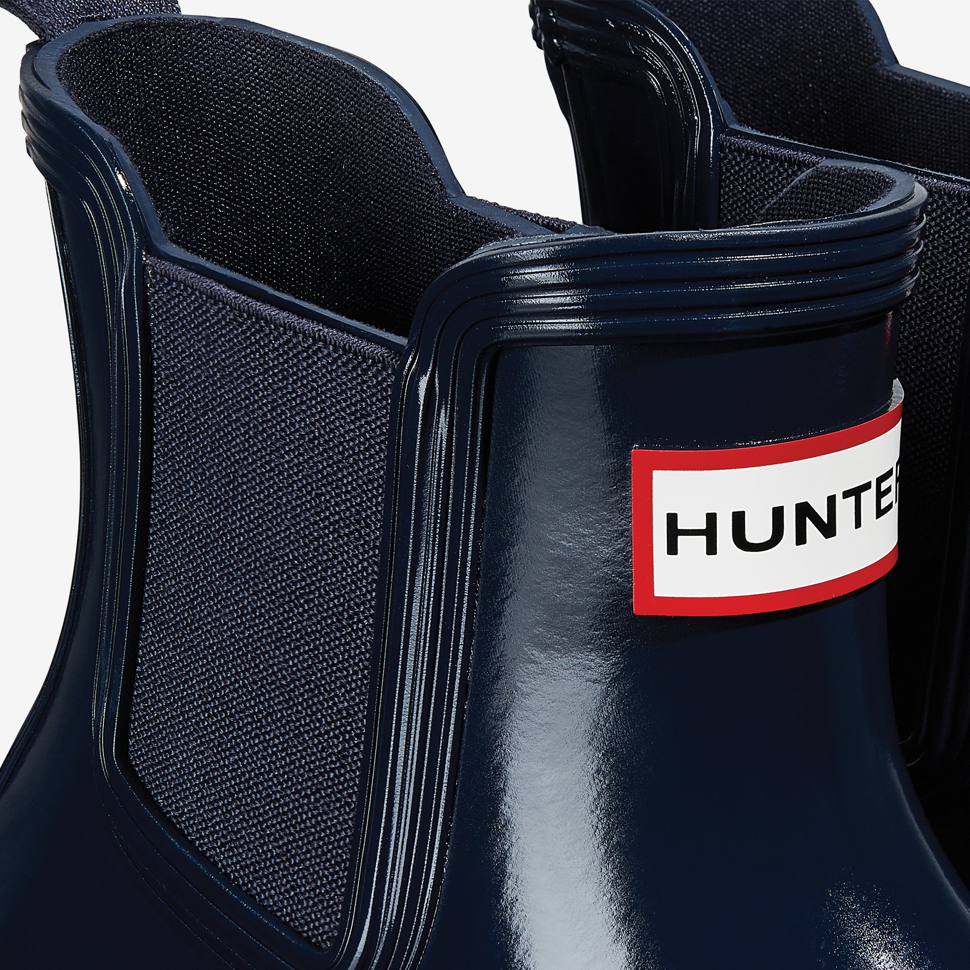 Hunter ORIGINAL CHELSEA Womens Wellies Navy Gloss close-up detail view showing rubber upper and elastic gusset.