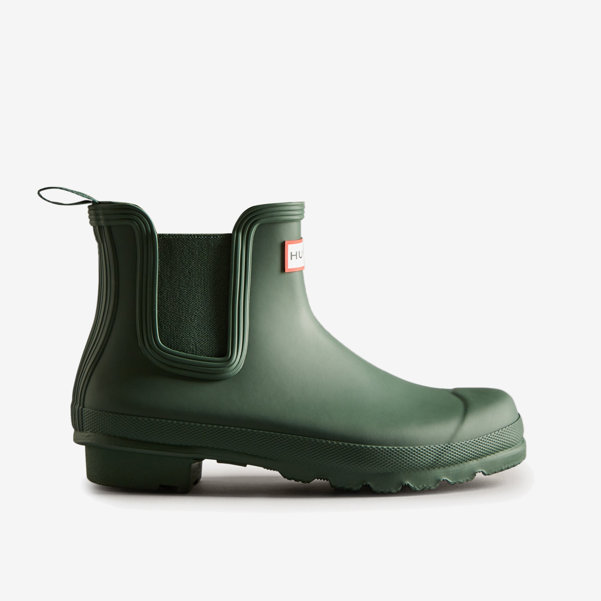 Hunter ORIGINAL CHELSEA Womens Wellies Green side view showing rubber ankle boots with pull-on design.