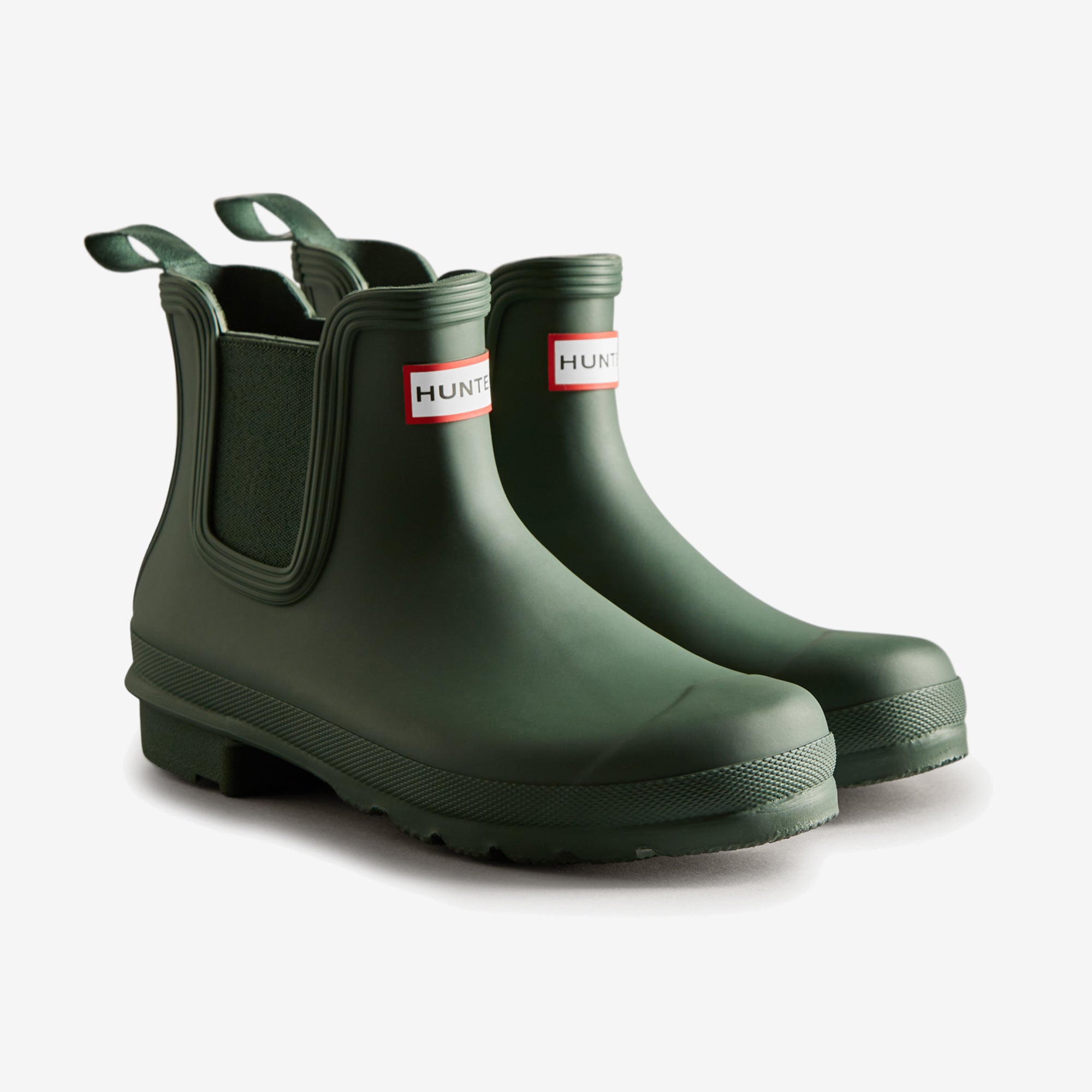 Hunter ORIGINAL CHELSEA Womens Wellies Green, side view of stylish green rubber ankle boots with pull-on design.