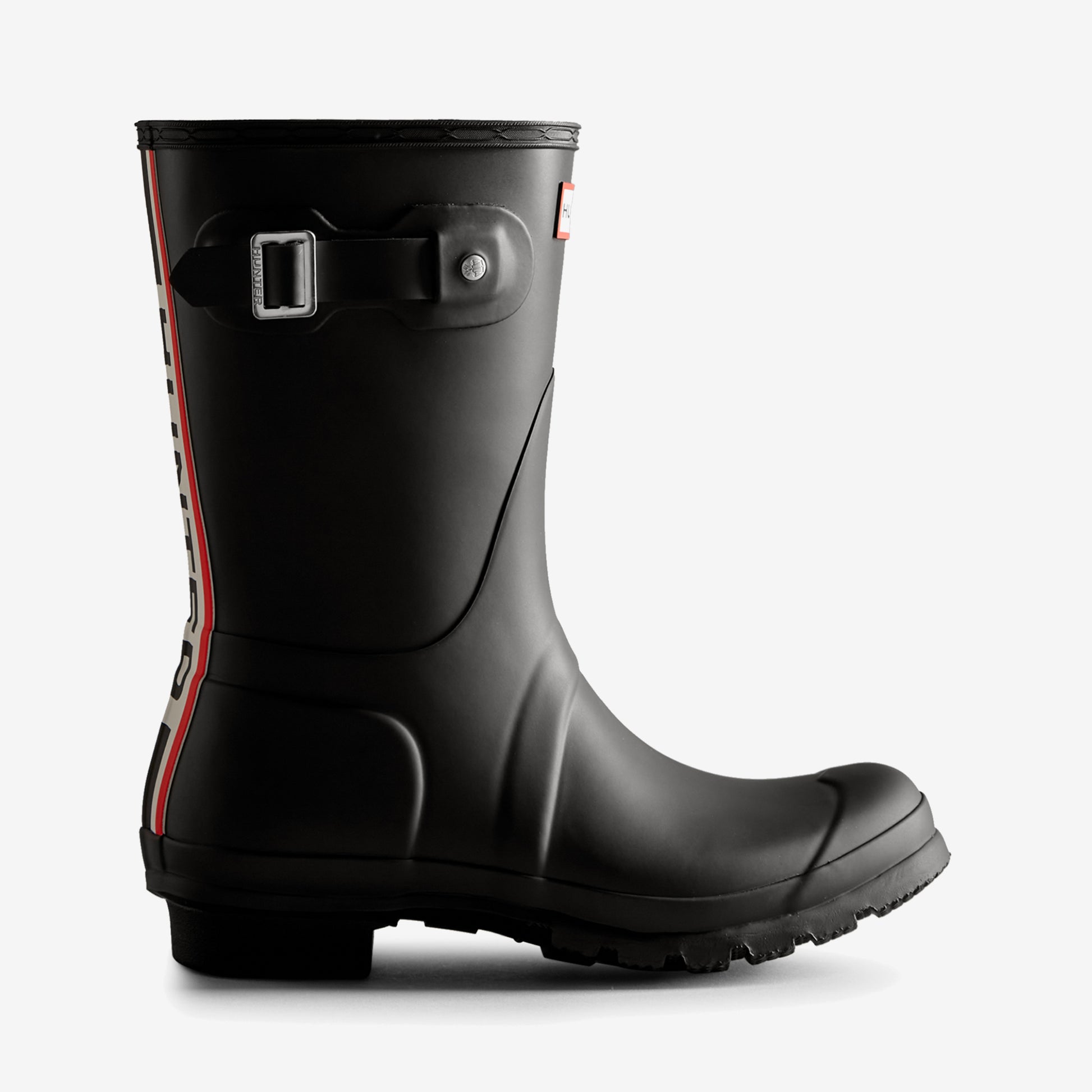 Hunter ORIGINAL SHORT TRI COLOUR LOGO BOOT Womens Wellies Black side view showcasing the matte black rubber with logo.