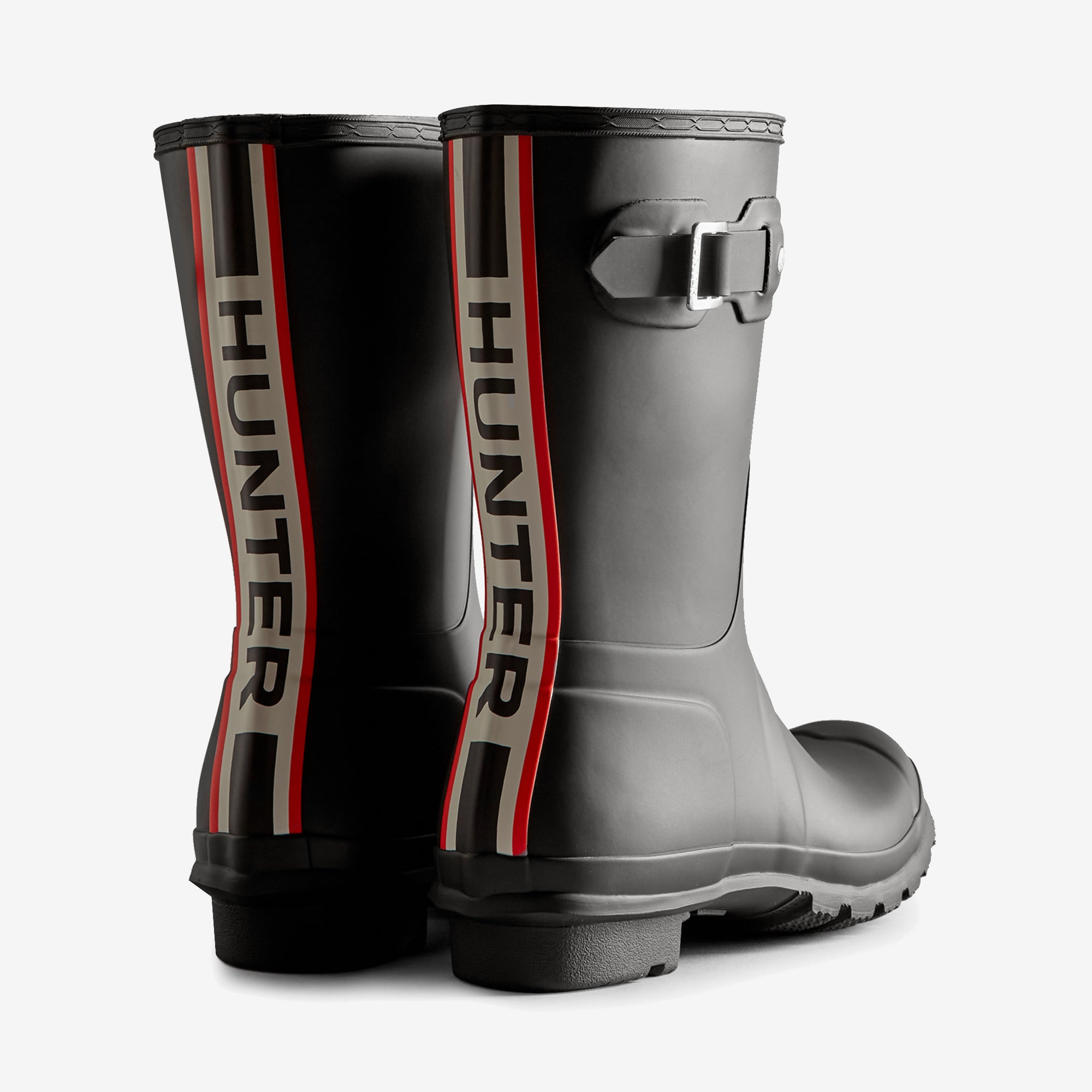 Hunter ORIGINAL SHORT TRI COLOUR LOGO BOOT Womens Wellies Black rear view with logo detailing and buckle strap.