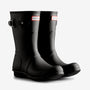 Hunter ORIGINAL SHORT TRI COLOUR LOGO BOOT Womens Wellies Black side view showing rubber material and pull-on design