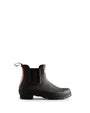 Hunter ORIGINAL CHELSEA TRI COLOUR LOGO BOOT Womens Wellies Black side view with slip-resistant rubber sole and pull-on design.