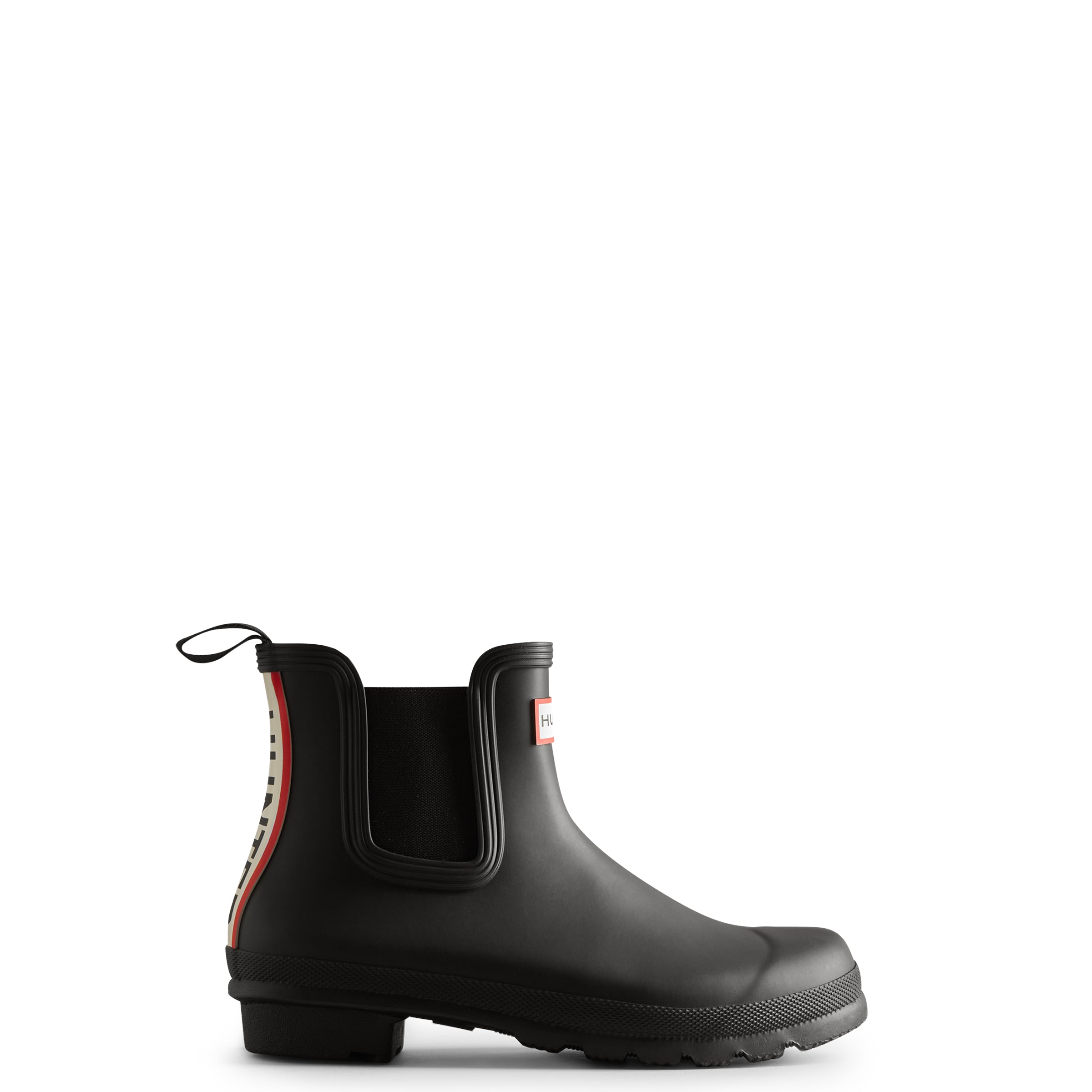 Hunter ORIGINAL CHELSEA TRI COLOUR LOGO BOOT Womens Wellies Black side view with slip-resistant rubber sole and pull-on design.