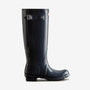 Hunter ORIGINAL TALL Womens Wellies Navy Gloss side view of waterproof rubber boot with buckle detail.