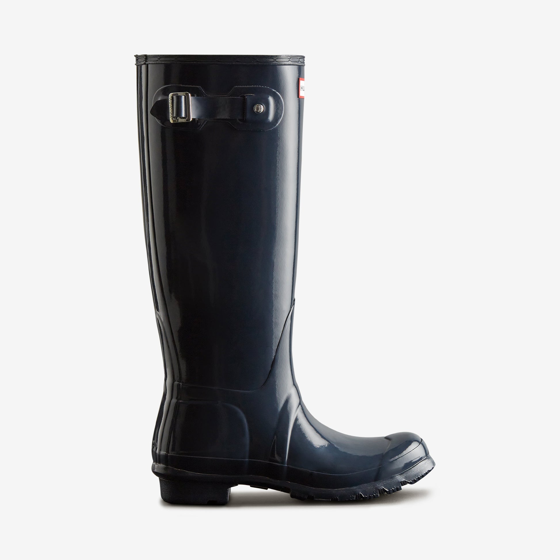 Hunter ORIGINAL TALL Womens Wellies Navy Gloss side view of waterproof rubber boot with buckle detail.
