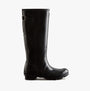 Hunter ORIGINAL TALL BACK ADJUSTABLE Womens Wellies Black Gloss side view, knee-high rubber boots for comfort and waterproof style.